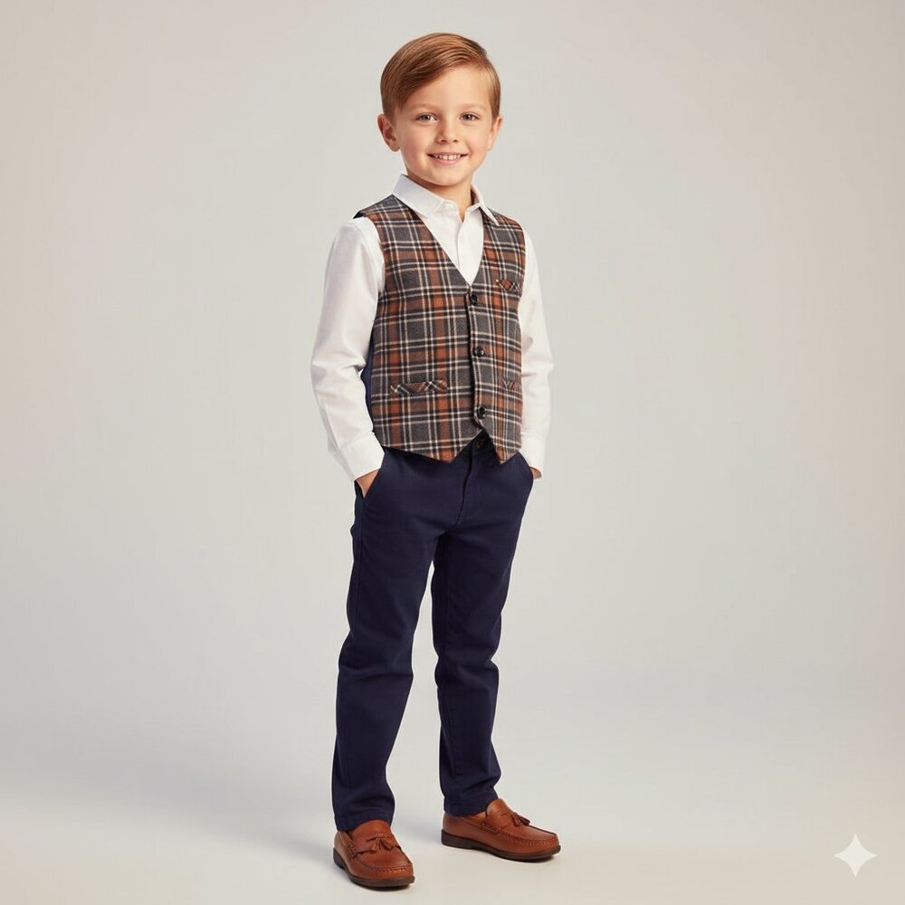 Vintage Kid Boys Jacket WaistCoat Plaid Checker Dressy Suit Vest Size 4